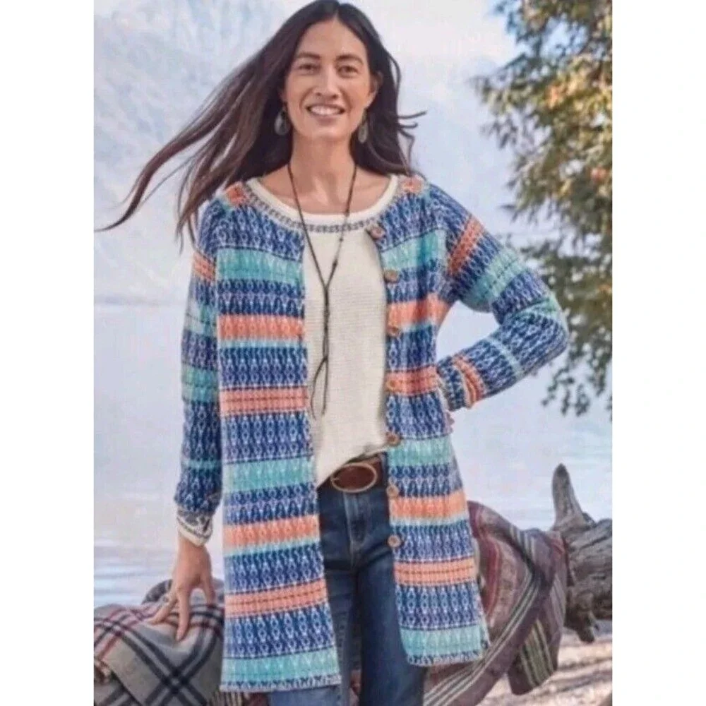 Sundance Cardigan Large Shoreline Long Wooden Button Up Boho Coastal Sweater - Picture 1 of 10